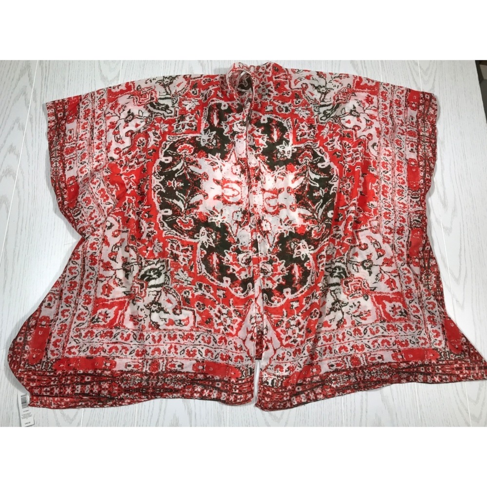 Tahari Wrap Kimono Red Floral Open Front Lightweight Boho Cover Up One Size New
